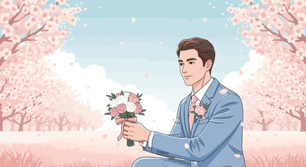 Groom in a pastel suit with a bouquet of flowers in a cherry blossom garden