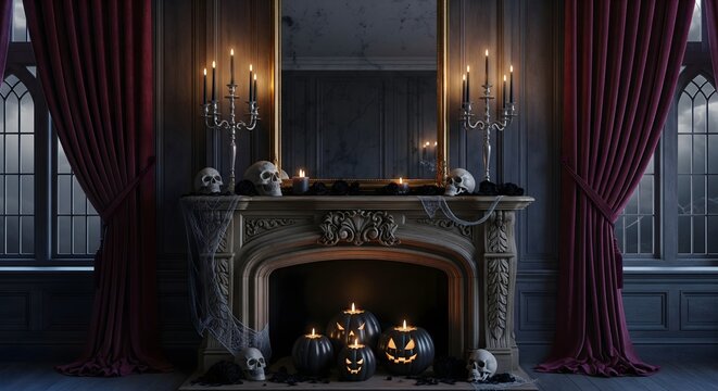A halloween mantelpiece with skulls candles and jack o lanterns in a gothic style interior room
