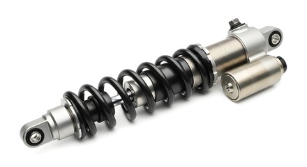 Closeup shot of a black and silver motorcycle shock absorber on a white background in studio lighting