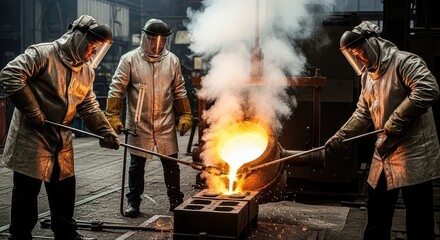 Diverse workers in protective gear pouring molten metal in industrial foundry