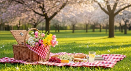 Spring picnic in a blooming orchard with a basket of flowers and food