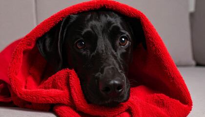Big Black dog wearing red towel and wants to take a bath