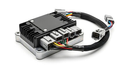 A close up of a black electronic control unit with wires and connectors on a white background