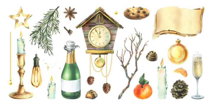 Hand-painted watercolor illustration set with Christmas clock, champagne, candle, spruce, baubles, cookie, pinecone and festive decor, perfect for holiday crafts, cards, invitations, winter projects