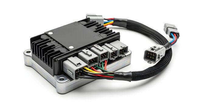 A close up of a black electronic control unit with wires and connectors on a white background