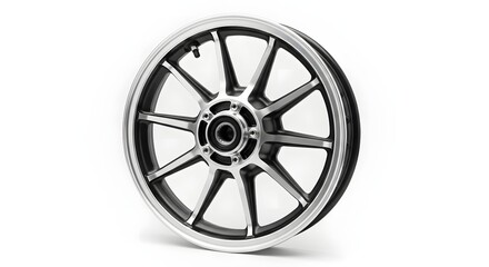 Obraz premium A detailed view of a motorcycle wheel with a silver rim and spokes on a white background in monochrome
