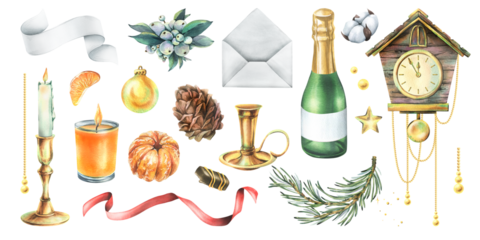 Set of hand drawn watercolor illustrations of Christmas clock, champagne, pine branches, pine cone, candles, ribbon and holiday decor for seasonal holiday designs, crafts, invitations and cards.