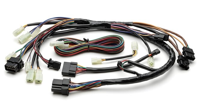 A detailed view of an electrical wiring harness with multiple connectors and wrapped cables on white