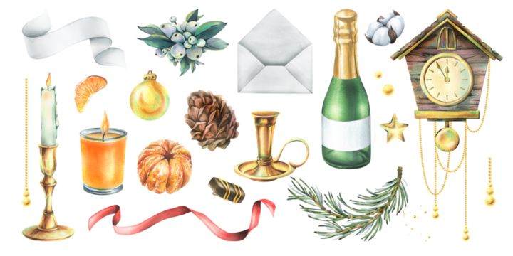 Set of hand drawn watercolor illustrations of Christmas clock, champagne, pine branches, pine cone, candles, ribbon and holiday decor for seasonal holiday designs, crafts, invitations and cards. - Powered by Adobe
