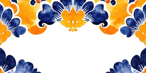 Floral pattern with ornate watercolor border in blue and orange colors. Decorative vintage design frame for invitation or greeting card template.
