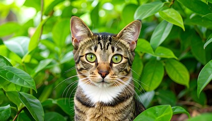 Fototapeta premium A domestic feline's portrait amidst verdant foliage, eyes intently focused, natural light