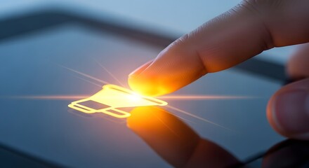 Finger touching glowing digital icon representing a notification or alert