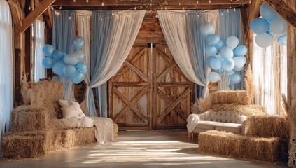 Rustic Barn Backdrop with Straw Bales, Blue Balloons, and Wooden Door Decorated with Curtains for Cozy Photo Session
