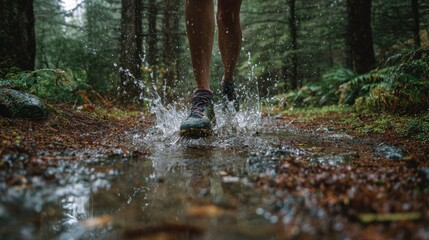 Person walking through a puddle in a forest