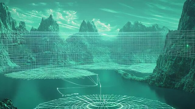 Futuristic green landscape with digital grid and data flow