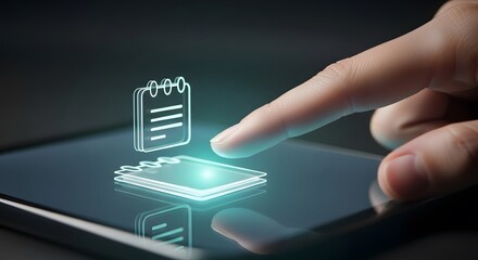 Finger touching glowing digital document icon on a dark screen