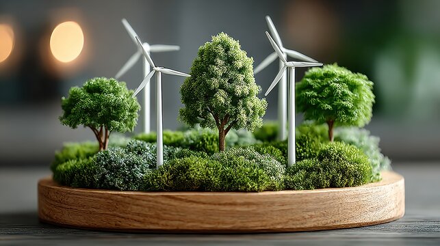 Miniature Wind Turbines and Trees on Wooden Base Representing Green Energy