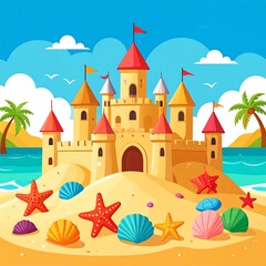 Cartoon sandcastle on beach