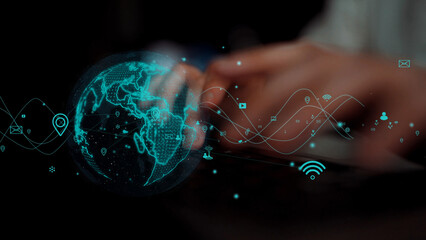 A captivating digital concept illustrating global connectivity, featuring a glowing Earth and hands...