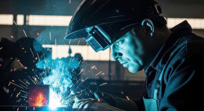 Focused caucasian male welder in action with bright sparks in industrial setting