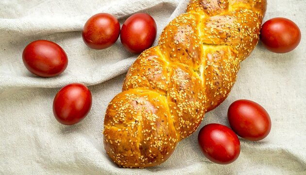 Easter bread and eggs on a linen cloth