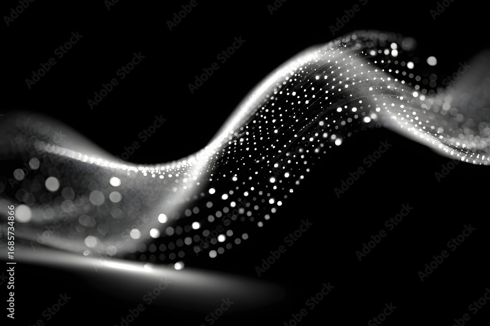 Poster white grey dotted wave – minimal glowing particle grdient, smooth technology wve on black background