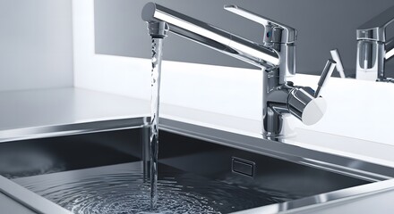 Clean water flows from a modern chrome faucet into a stainless steel sink in a bright, contemporary bathroom, emphasizing hygiene and freshness, a crucial element in daily routines