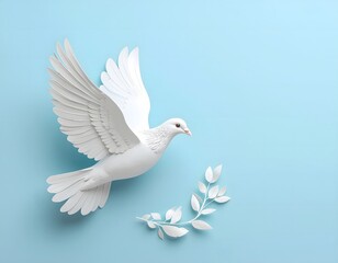 A serene three-dimensional illustration of a white paper dove, the universal symbol of peace, flying with an olive branch against a soft blue sky