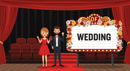 A Cartoon Wedding Announcement on a Stage with Bride and Groom Characters