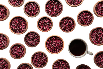 Red beans in small wooden bowls, a flat lay.  Dark background