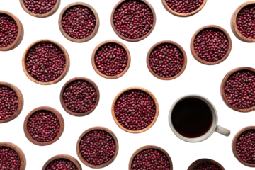 Red beans in small wooden bowls, a flat lay.  Dark background