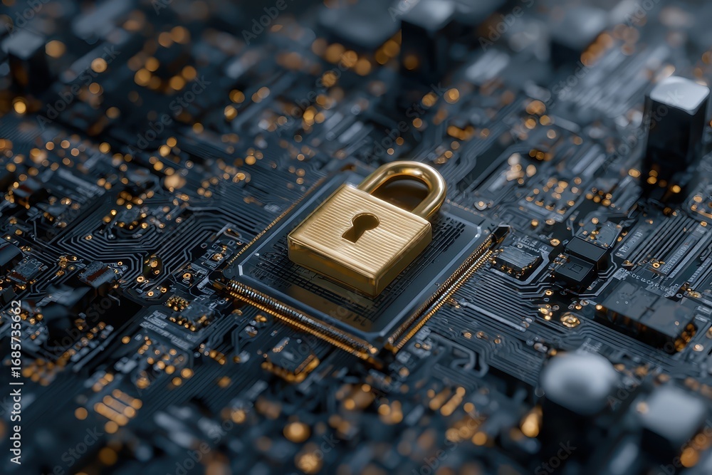 Poster secure connection concept featuring a golden padlock on a circuit board representing modern cybersec