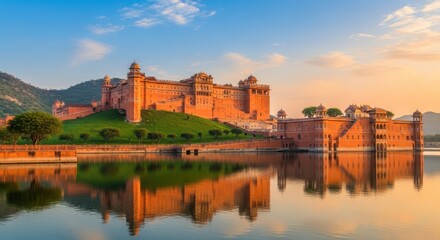 Fototapeta premium Picturesque Amber Fort reflected in Maota Lake at sunset, Jaipur,India