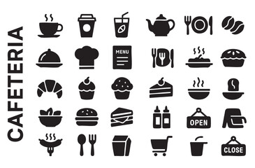 a set of 30 icons related to a cafe or dining room. All icons are made in black and white with a flat design