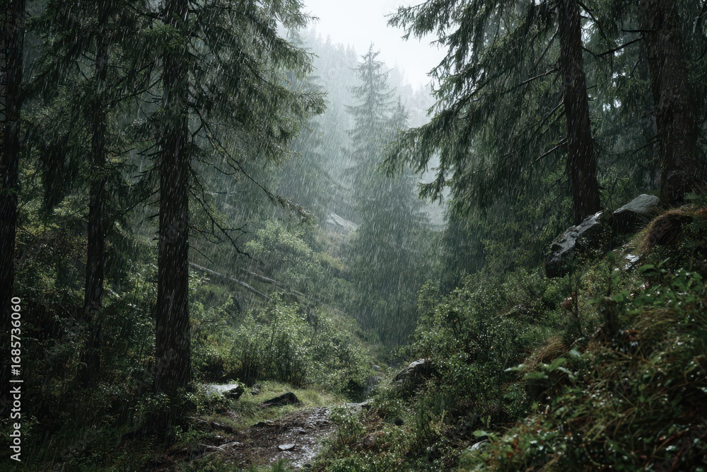 Poster rain falls gently through the dense forest, creating a serene atmosphere while droplets cling to lea