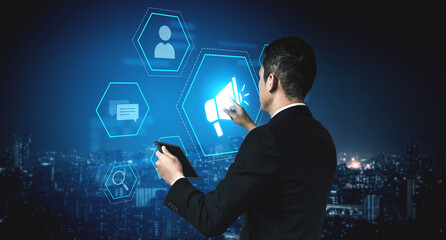 Digital marketing promotion strategy using megaphone, social media marketing, digital ads video...