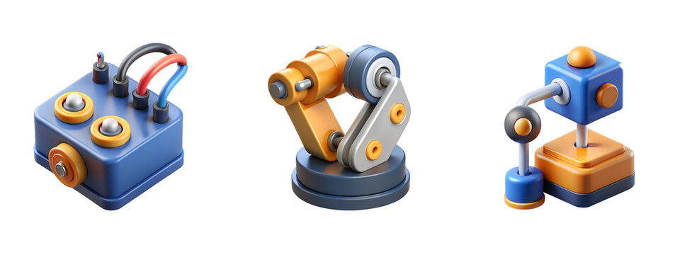 3D Industrial Motion Control and Robotics Icons – Motor, Robotic Arm and Actuator for Automation System UI