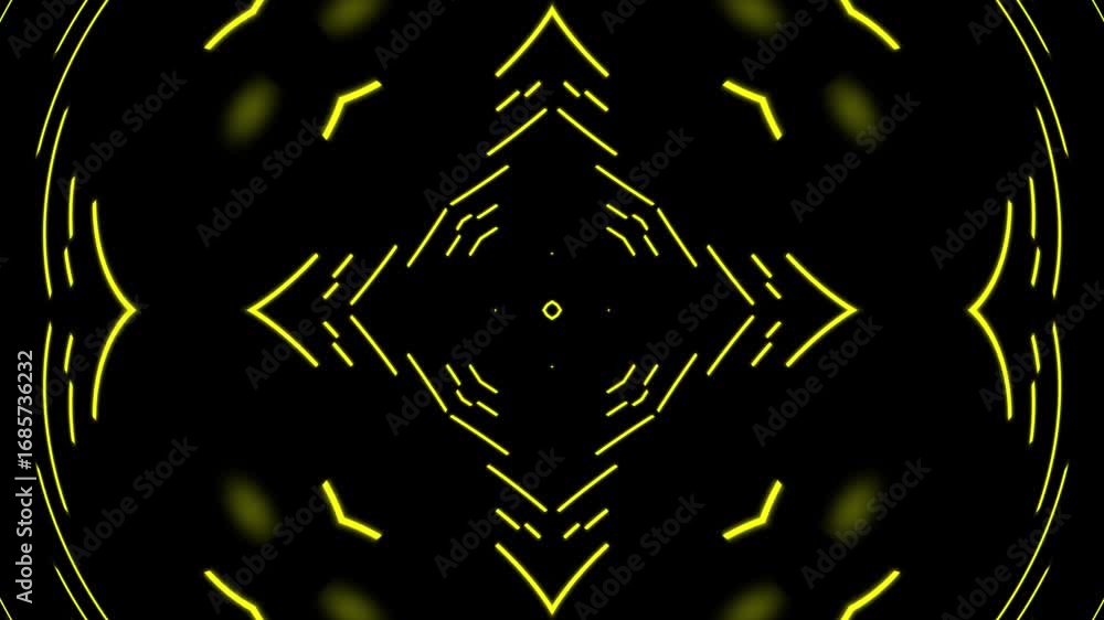 Poster abstract yellow neon lines kaleidoscope background loop animation.