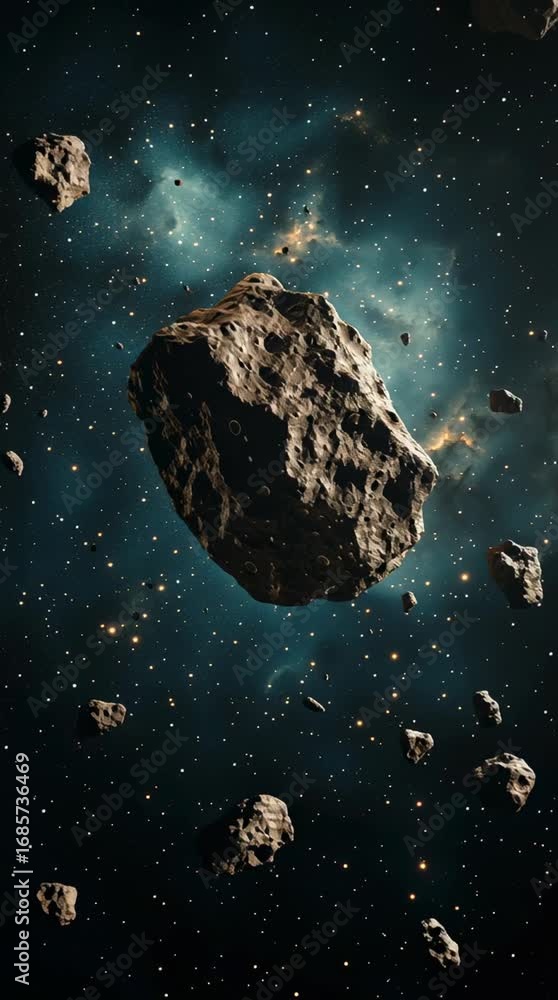 Poster asteroid rotating in space with smaller asteroids and nebulae in the background
