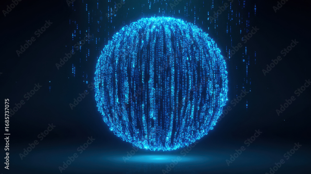 Poster glowing blue sphere made of binary code, representing digital technology and data. sphere appears to