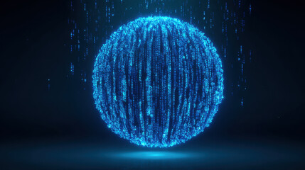 Glowing blue sphere made of binary code, representing digital technology and data. sphere appears to be suspended dark environment, with streams of binary digits cascading down, creating