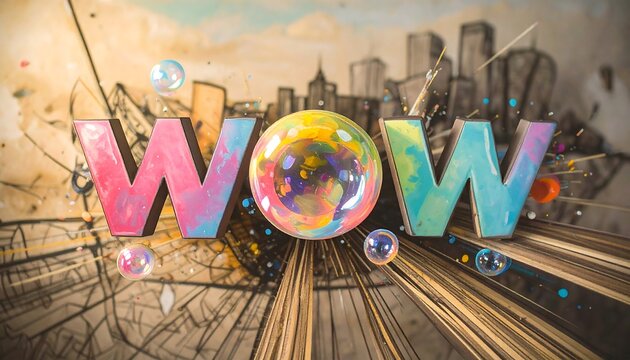 Vibrant 3D "WOW" typography, cityscape backdrop - Powered by Adobe