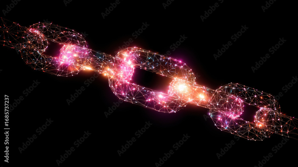 Poster digital chain link design with glowing nodes and connections, representing technology and innovation