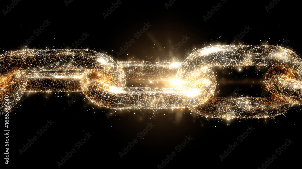 Poster glowing chain made of interconnected particles symbolizes strength and unity, radiating light agains