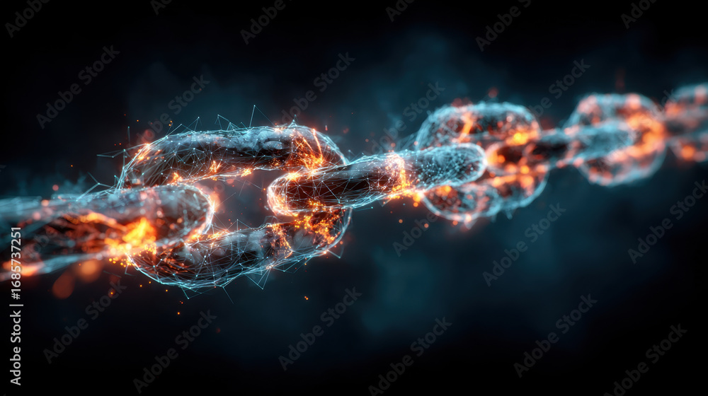 Aufkleber digital representation of glowing chain link, showcasing futuristic design with sparks and blue glow