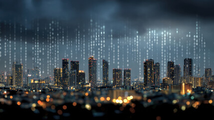 Digital cityscape with binary code raining down, symbolizing technology and data. skyline features modern skyscrapers illuminated against dark, cloudy sky, creating futuristic atmosphere