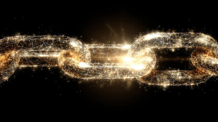 Obraz premium Glowing chain made of interconnected particles symbolizes strength and unity, radiating light against dark background. This evokes sense of connection and resilience