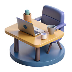 3D home office workstation with keyboard and coffee cup, white background.