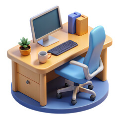 3D home office workstation with keyboard and coffee cup, white background.