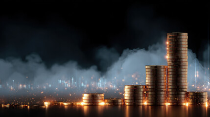 Shimmering stacks of coins rise against dark background, illuminated by warm glow. scene evokes sense of wealth and prosperity, with misty atmosphere enhancing dramatic effect